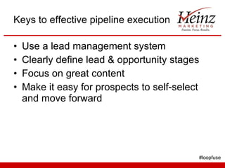Keys to effective pipeline execution Use a lead management system Clearly define lead & opportunity stages Focus on great content Make it easy for prospects to self-select and move forward #loopfuse 