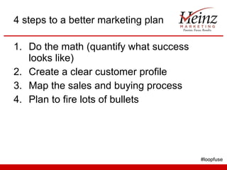 4 steps to a better marketing plan Do the math (quantify what success looks like) Create a clear customer profile Map the sales and buying process Plan to fire lots of bullets #loopfuse 