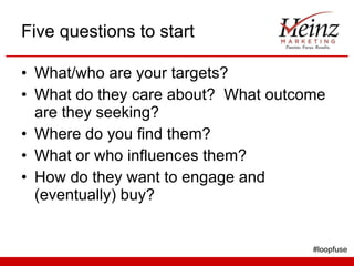 Five questions to start What/who are your targets? What do they care about?  What outcome are they seeking? Where do you find them? What or who influences them? How do they want to engage and (eventually) buy? #loopfuse 