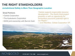 THE RIGHT STAKEHOLDERS
Jurisdictional Safety is More Than Geographic Location

Great Partners                                “Calista supports responsible resource
                                              development…The Donlin Gold project
▸Calista Corporation                          presents us with an opportunity for
▸The Kuskokwim Corporation                    tremendous economic potential right in
▸50/50 joint-ownership with Barrick Gold      our Region.”
                                              – June MacAtee, Calista Corporation VP




                                                                                   17
                         NYSE-MKT, TSX: NG   www.novagold.com
 