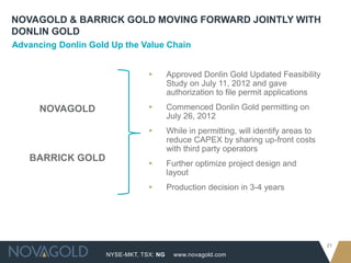 NOVAGOLD & BARRICK GOLD MOVING FORWARD JOINTLY WITH
DONLIN GOLD
Advancing Donlin Gold Up the Value Chain


                                 ▸       Approved Donlin Gold Updated Feasibility
                                         Study on July 11, 2012 and gave
                                         authorization to file permit applications

      NOVAGOLD                   ▸       Commenced Donlin Gold permitting on
                                         July 26, 2012
                                 ▸       While in permitting, will identify areas to
                                         reduce CAPEX by sharing up-front costs
                                         with third party operators
   BARRICK GOLD
                                 ▸       Further optimize project design and
                                         layout
                                 ▸       Production decision in 3-4 years




                                                                                       21
                     NYSE-MKT, TSX: NG     www.novagold.com
 