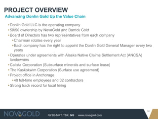 PROJECT OVERVIEW
Advancing Donlin Gold Up the Value Chain

 ▸Donlin Gold LLC is the operating company
 ▸50/50 ownership by NovaGold and Barrick Gold
 ▸Board of Directors has two representatives from each company
    ▸Chairman rotates every year
    ▸Each company has the right to appoint the Donlin Gold General Manager every two
     years
 ▸Operates under agreements with Alaska Native Claims Settlement Act (ANCSA)
  landowners
 ▸Calista Corporation (Subsurface minerals and surface lease)
 ▸The Kuskokwim Corporation (Surface use agreement)
 ▸Project office in Anchorage
    ▸40 full-time employees and 32 contractors
 ▸Strong track record for local hiring




                                                                                 34
                        NYSE-MKT, TSX: NG   www.novagold.com
 