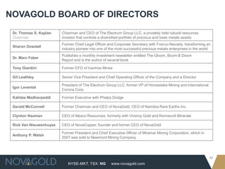 NOVAGOLD BOARD OF DIRECTORS
 Dr. Thomas S. Kaplan    Chairman and CEO of The Electrum Group LLC, a privately held natural resources
 Chairman                investor that controls a diversified portfolio of precious and base metals assets
                         Former Chief Legal Officer and Corporate Secretary with Franco-Nevada, transforming an
 Sharon Dowdall
                         industry pioneer into one of the most successful precious metals enterprises in the world
                         Publishes a monthly investment newsletter entitled The Gloom, Boom & Doom
 Dr. Marc Faber
                         Report and is the author of several book

 Tony Giardini           Former CFO of Ivanhoe Mines

 Gil Leathley            Senior Vice President and Chief Operating Officer of the Company and a Director

                         President of The Electrum Group LLC, former VP of Homestake Mining and International
 Igor Levental
                         Corona Corp.

 Kalidas Madhavpeddi     Former Executive with Phelps Dodge

 Gerald McConnell        Former Chairman and CEO of NovaGold, CEO of Namibia Rare Earths Inc.

 Clynton Nauman          CEO of Alexco Resources, formerly with Viceroy Gold and Kennecott Minerals

 Rick Van Nieuwenhuyse   CEO of NovaCopper, founder and former CEO of NovaGold

                         Former President and Chief Executive Officer of Miramar Mining Corporation, which in
 Anthony P. Walsh
                         2007 was sold to Newmont Mining Company.




                                                                                                                 42
                            NYSE-MKT, TSX: NG         www.novagold.com
 