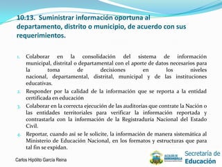10.13. Suministrar información oportuna al
departamento, distrito o municipio, de acuerdo con sus
requerimientos.

1. Colaborar en la consolidación del sistema de información
   municipal, distrital o departamental con el aporte de datos necesarios para
   la         toma       de        decisiones        en        los       niveles
   nacional, departamental, distrital, municipal y de las instituciones
   educativas.
2. Responder por la calidad de la información que se reporta a la entidad
   certificada en educación
3. Colaborar en la correcta ejecución de las auditorías que contrate la Nación o
   las entidades territoriales para verificar la información reportada y
   contrastarla con la información de la Registraduría Nacional del Estado
   Civil.
4. Reportar, cuando así se le solicite, la información de manera sistemática al
   Ministerio de Educación Nacional, en los formatos y estructuras que para
   tal fin se expidan.

Carlos Hipólito García Reina                                                   17
 