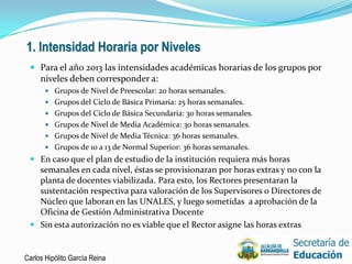 1. Intensidad Horaria por Niveles
  Para el año 2013 las intensidades académicas horarias de los grupos por
     niveles deben corresponder a:
        Grupos de Nivel de Preescolar: 20 horas semanales.
        Grupos del Ciclo de Básica Primaria: 25 horas semanales.
        Grupos del Ciclo de Básica Secundaria: 30 horas semanales.
        Grupos de Nivel de Media Académica: 30 horas semanales.
        Grupos de Nivel de Media Técnica: 36 horas semanales.
        Grupos de 10 a 13 de Normal Superior: 36 horas semanales.
  En caso que el plan de estudio de la institución requiera más horas
   semanales en cada nivel, éstas se provisionaran por horas extras y no con la
   planta de docentes viabilizada. Para esto, los Rectores presentaran la
   sustentación respectiva para valoración de los Supervisores o Directores de
   Núcleo que laboran en las UNALES, y luego sometidas a aprobación de la
   Oficina de Gestión Administrativa Docente
  Sin esta autorización no es viable que el Rector asigne las horas extras


Carlos Hipólito García Reina                                                      29
 