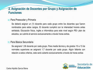 2. Asignación de Docentes por Grupo y Asignación de
  Funciones

 a) Para Preescolar y Primaria
      Se deberá asignar un (1) docente para cada grupo entre los docentes que fueron
      nombrados para estos cargos. El docente cumplirá con la intensidad horaria antes
      señalada. Educación física, inglés e informática para este nivel según PEI- plan de
      estudios, se cubrirá el servicio exclusivamente a través horas extras.


 b) Para Básica Secundaria
      Se asignará 1,36 docente por cada grupo. Para media técnica y de grados 10 a 13 de
      normales superiores se asignará 1,7 docente por cada grupo. Algún faltante con
      relación a estos criterios, este será cubierto exclusivamente a través de horas extras




Carlos Hipólito García Reina                                                                   30
 