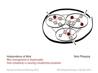 Independence at Work                                                  Niels Pflaeging
Why management is dispensable.
How complexity is causing a leadership revolution

Keynote at Phaesun Workshop 2012                       Memmingen/Germany, 5 October 2012
                                     Illustrations used with kind permission by Jurgen Appelo
 