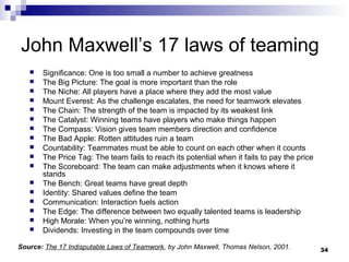 John Maxwell’s 17 laws of teaming
      Significance: One is too small a number to achieve greatness
      The Big Pictu...