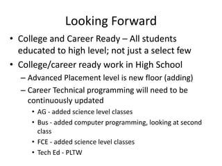 Looking Forward
• College and Career Ready – All students
  educated to high level; not just a select few
• College/career ready work in High School
  – Advanced Placement level is new floor (adding)
  – Career Technical programming will need to be
    continuously updated
     • AG - added science level classes
     • Bus - added computer programming, looking at second
       class
     • FCE - added science level classes
     • Tech Ed - PLTW
 