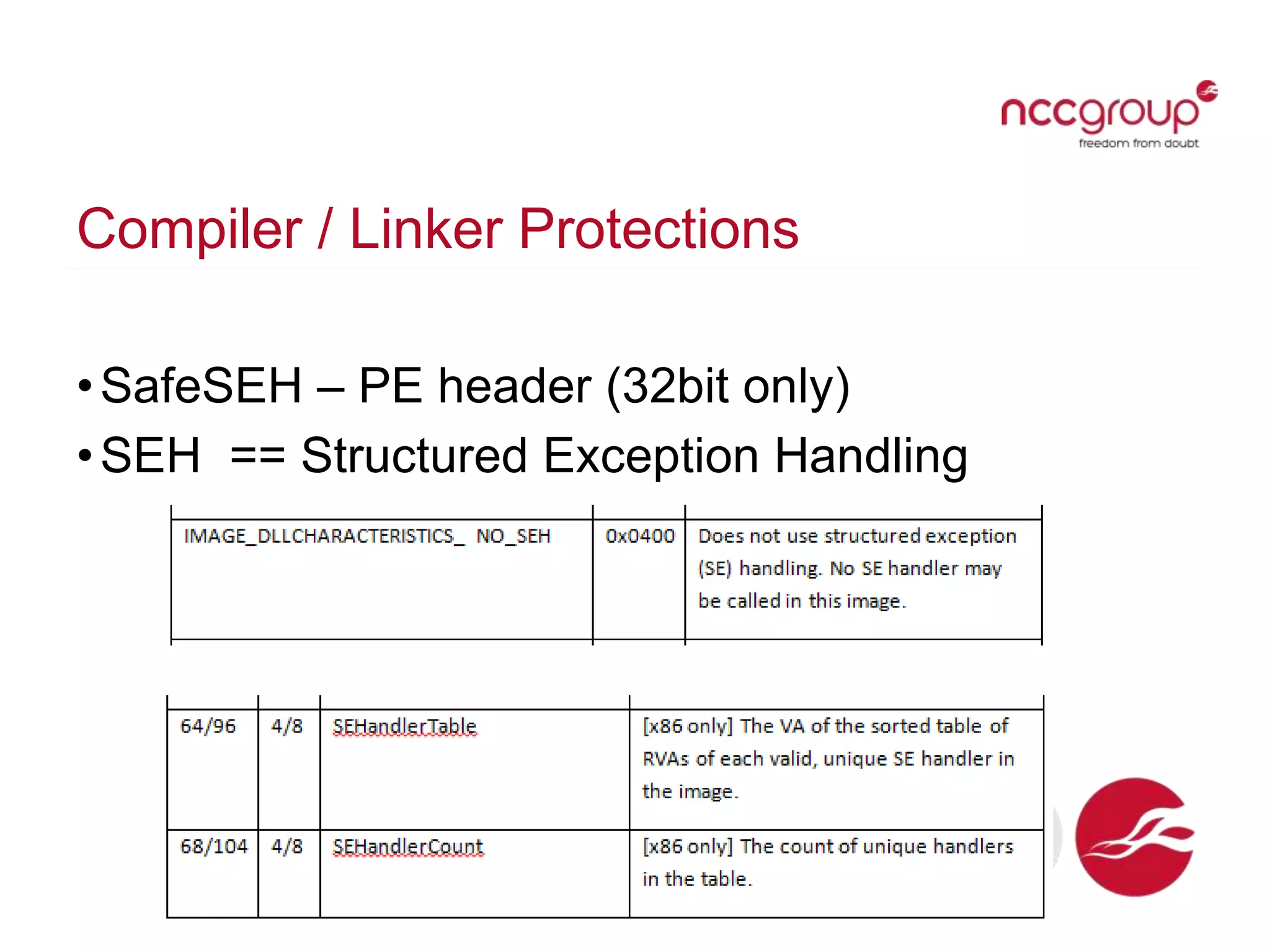 Compiler / Linker Protections
•SafeSEH – PE header (32bit only)
•SEH == Structured Exception Handling
 