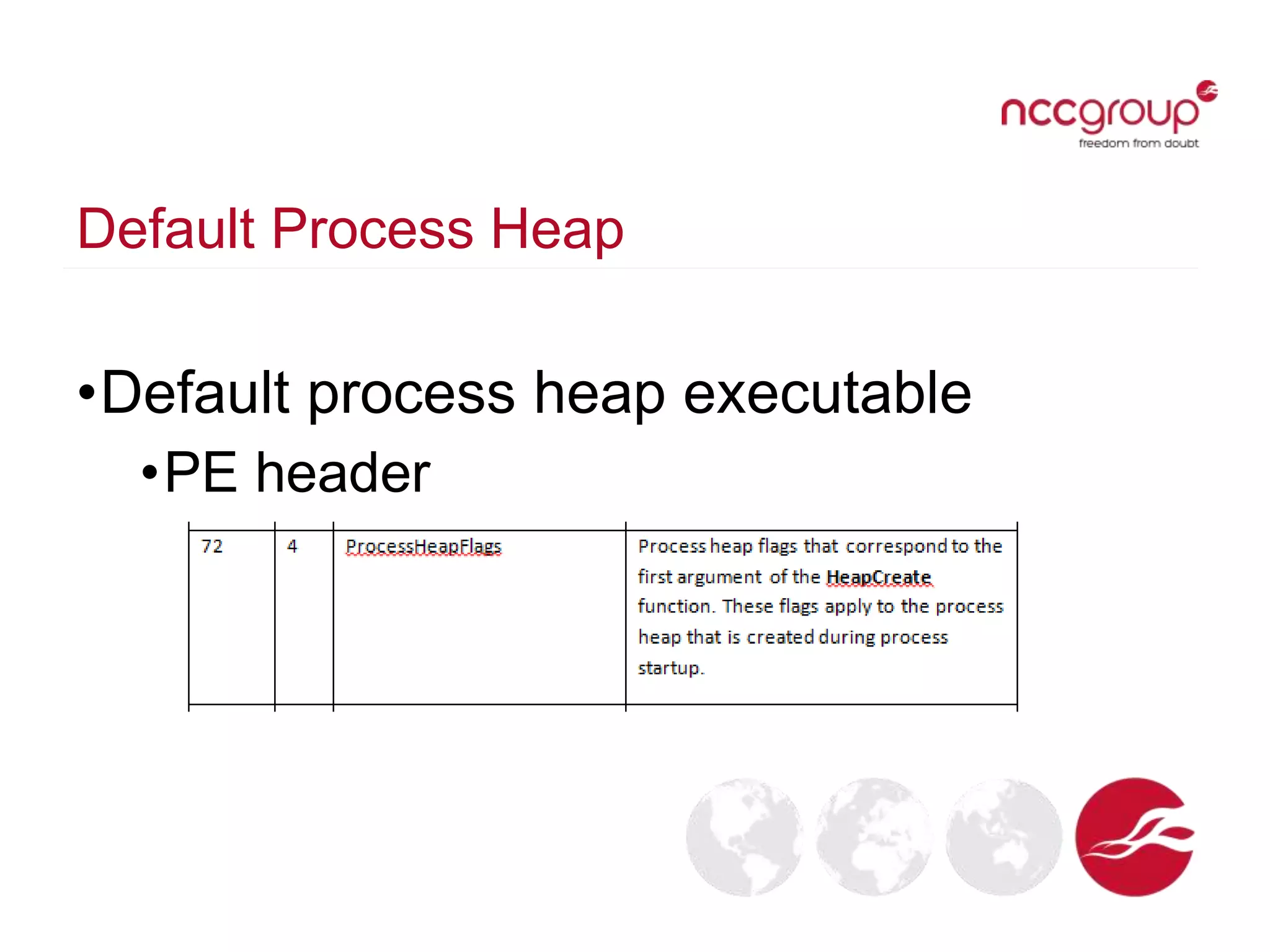 Default Process Heap
•Default process heap executable
•PE header
 