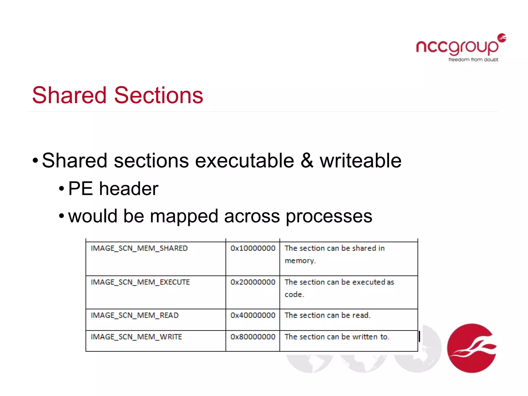 Shared Sections
•Shared sections executable & writeable
• PE header
• would be mapped across processes
 