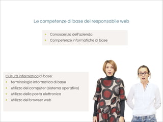 Le competenze di base del responsabile web

                         • Conoscenza dell'azienda
                         • Competenze informatiche di base




Cultura informatica di base:
•   terminologia informatica di base
•   utilizzo del computer (sistema operativo)
•   utilizzo della posta elettronica
•   utilizzo del browser web
 