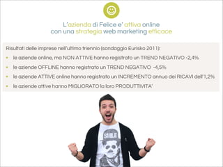 L’azienda di Felice e’ attiva online
                    con una strategia web marketing efficace

Risultati delle imprese nell’ultimo triennio (sondaggio Eurisko 2011):
•   le aziende online, ma NON ATTIVE hanno registrato un TREND NEGATIVO -2,4%
•   le aziende OFFLINE hanno registrato un TREND NEGATIVO -4,5%
•   le aziende ATTIVE online hanno registrato un INCREMENTO annuo dei RICAVI dell'1,2%
•   le aziende attive hanno MIGLIORATO la loro PRODUTTIVITA’
 