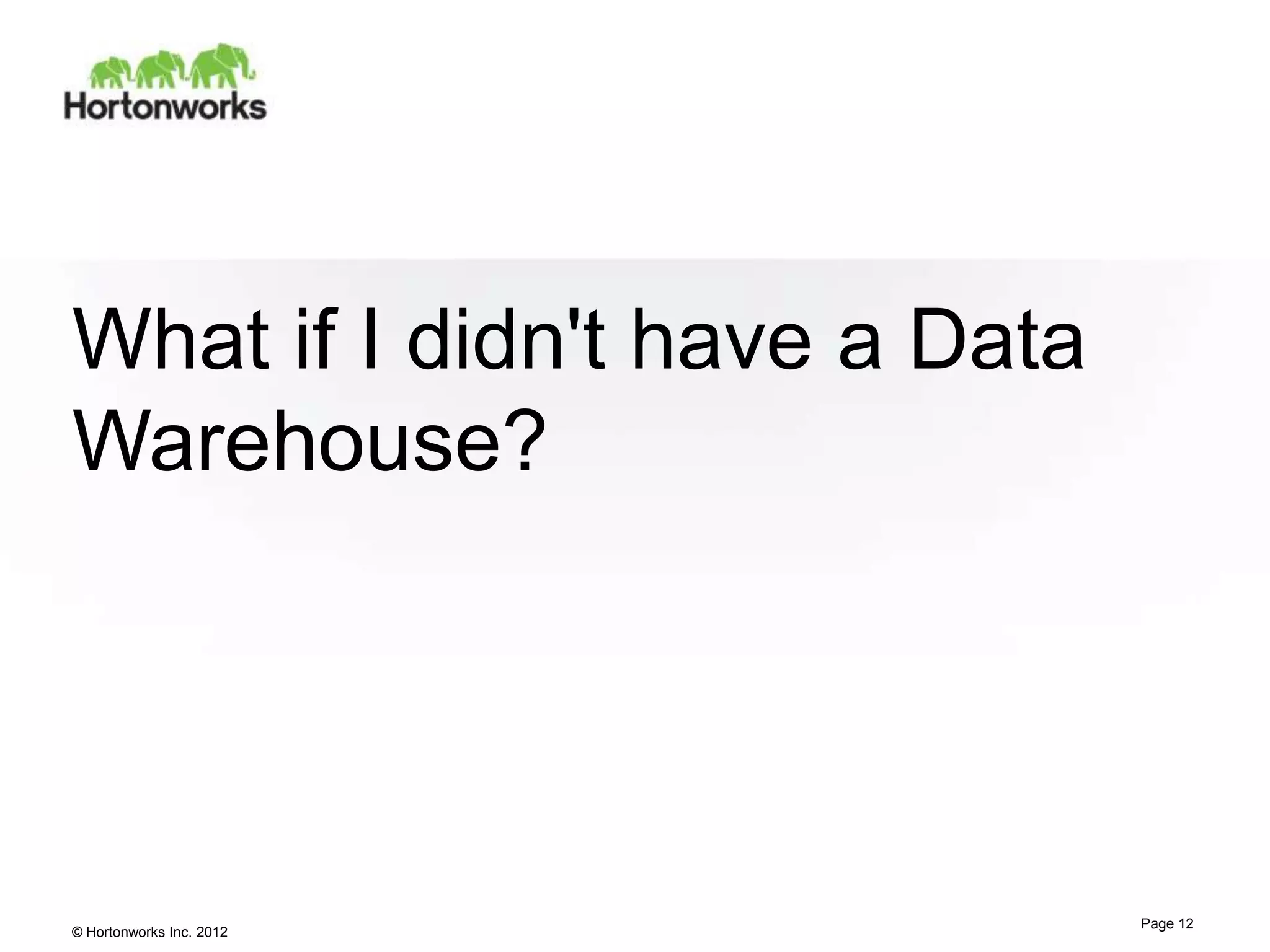What if I didn't have a Data
Warehouse?




                               Page 12
© Hortonworks Inc. 2012
 