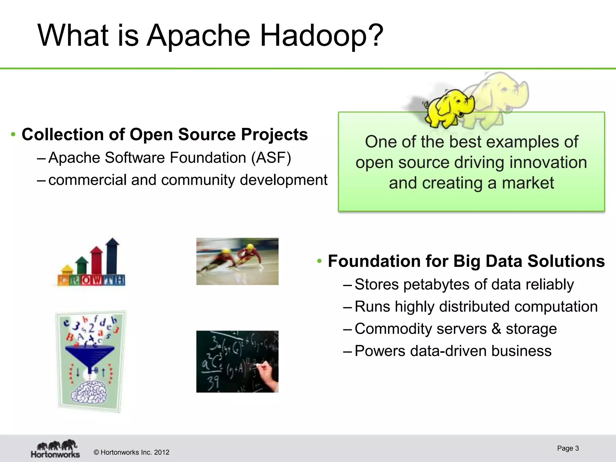 What is Apache Hadoop?


• Collection of Open Source Projects          One of the best examples of
   – Apache Software Foundation (ASF)        open source driving innovation
   – commercial and community development       and creating a market



                                       • Foundation for Big Data Solutions
                                            – Stores petabytes of data reliably
                                            – Runs highly distributed computation
                                            – Commodity servers & storage
                                            – Powers data-driven business




                                                                           Page 3
          © Hortonworks Inc. 2012
 