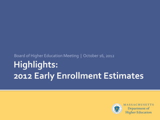 Board of Higher Education Meeting | October 16, 2012

Highlights:
2012 Early Enrollment Estimates
 