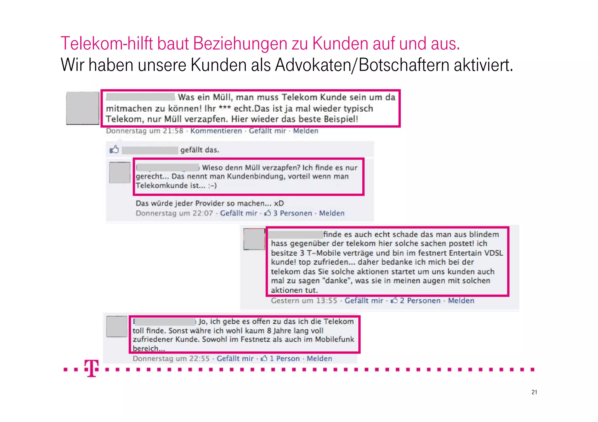 Telekom-hilft baut Beziehungen zu Kunden auf und aus.
Wir haben unsere Kunden als Advokaten/Botschaftern aktiviert.




                                                                21
 