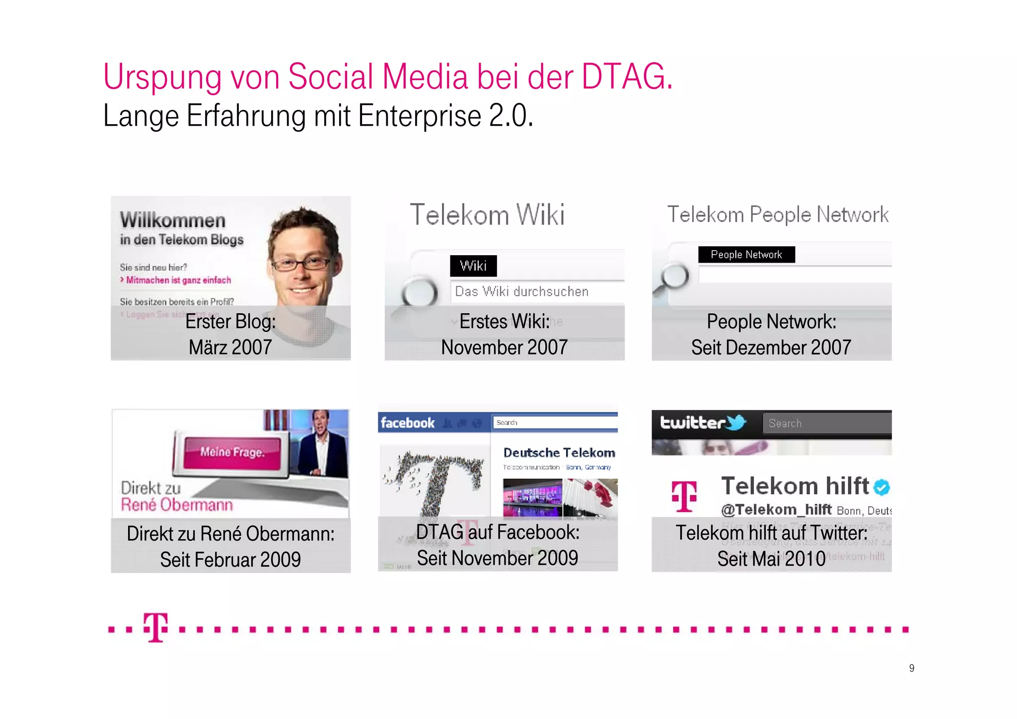 Urspung von Social Media bei der DTAG.
Lange Erfahrung mit Enterprise 2.0.




       Erster Blog:             Erstes Wiki:        People Network:
       März 2007              November 2007        Seit Dezember 2007




 Direkt zu René Obermann:   DTAG auf Facebook:   Telekom hilft auf Twitter:
     Seit Februar 2009      Seit November 2009        Seit Mai 2010



                                                                              9
 