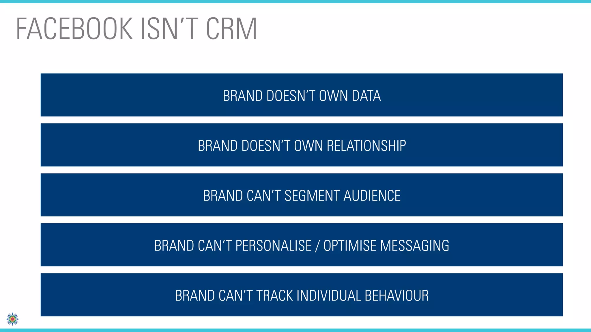 FACEBOOK ISN’T CRM

                    BRAND DOESN’T OWN DATA


                BRAND DOESN’T OWN RELATIONSHIP


                 BRAND CAN’T SEGMENT AUDIENCE


          BRAND CAN’T PERSONALISE / OPTIMISE MESSAGING


             BRAND CAN’T TRACK INDIVIDUAL BEHAVIOUR
 