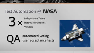 Test Automation @

 3×
         Independent Teams
         Hardware Platforms
         Vendors




QA
        automated voting
        user acceptance tests
 