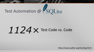 Test Automation @



 1124×          Test Code vs. Code



                         http://www.sqlite.org/testing.html
 
