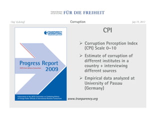 Olaf Kellerhoff    Corruption                       July 19, 2012


                                        CPI
                         "  Corruption Perception Index
                            (CPI) Scale 0–10
                         "  Estimate of corruption of
                            different institutes in a
                            country + interviewing
                            different sources
                         "  Empirical data analyzed at
                            University of Passau
                            (Germany)

                  www.tranparency.org
 