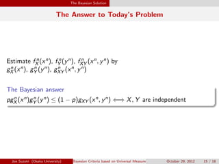 The Bayesian Solution
The Answer to Today’s Problem
Estimate f n
X (xn), f n
Y (yn), f n
XY (xn, yn) by
gn
X (xn), gn
Y (y...