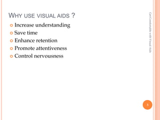 Get Comfortable with Visual Aids
WHY USE VISUAL AIDS ?
 Increase understanding
 Save time

 Enhance retention

 Promote attentiveness

 Control nervousness




                           3
 