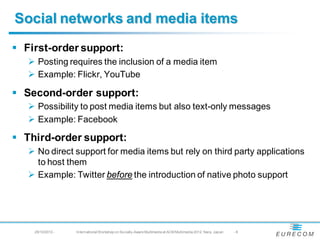 Social networks and media items
 First-order support:
    Posting requires the inclusion of a media item
    Example: F...