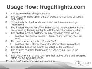 Usage flow: frugalflights.com
1.       A customer wants cheap vacations
2.       The customer signs up for daily or weekly notifications of special
         flight offers
3.       Periodically the System checks which customers should get
         notifications
4.       The System checks for offers that matches the customer’s travel
         preference by looking up flights with the travel provider system
5.       The System notifies customer of any matching offers via SMS
     •      Variation: The System notifies customer of any matching offers via
            email
6.       The customer accepts the offer via SMS
     1.     Variation: The customer accepts the offer on the system website
7.  The System books the tickets on behalf of the customer
8.  The system confirms the booking by sending an SMS to the
    customer
9. The customer can at any point see their active offers and accepted
    offers on the system website
10. The customer enjoys a cheap vacation!
 