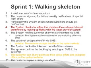 Sprint 1: Walking skeleton
1.       A customer wants cheap vacations
2.       The customer signs up for daily or weekly notifications of special
         flight offers
3.       Periodically the System checks which customers should get
         notifications
4.       The System checks for offers that matches the customer’s travel
         preference by looking up flights with the travel provider system
5.       The System notifies customer of any matching offers via SMS
     •      Variation: The System notifies customer of any matching offers via
            email
6.       The customer accepts the offer via SMS
     1.     Variation: The customer accepts the offer on the system website
7.  The System books the tickets on behalf of the customer
8.  The system confirms the booking by sending an SMS to the
    customer
9. The customer can at any point see their active offers and accepted
    offers on the system website
10. The customer enjoys a cheap vacation!
 
