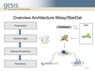 Overview Architecture Missy/StarDat
   Presentation                         MVC




  Business Logic




Abstract Persistence




    Persistence
                                        Page 2
 