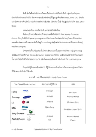 3 
 

                 สิ่งที่เพิ่งเกิดขึ้นดังเชนในกรณีของ เมืองไทยประกันชีวตจับมือกับกลุมเซ็นทรัล (ขาย
                                                                       ิ            
ประกันชีวิตผานทางคาปลีก) เนื่องจากกลุมเซ็นทรัลเปนผูที่มีฐานลูกคา (ทัง Centara, CPN, CRG เปนตน)
                                                                        ้
และเปนชองทางคาปลีกใน กลุมหางสรรพสินคาเซ็นทรัล โรบินสัน บิ๊กซี ทอปซูเปอรมารเก็ต B2S, Office
Depot
                 ประเด็นสุดทาย การเปน HUB ของโลกธุรกิจสมัยใหม
                 ในโลกธุรกิจแบบเดิมกลุมธุรกิจคอนซูเมอรหรือ FMCG (Fast Moving Consumer
Goods) เปนธุรกิจที่มีอทธิพลและครอบคลุมความเปนไปของคนในสังคมทั้งดานอุปโภค-บริโภคมาโดย
                       ิ
ตลอดตั้งแตศตวรรษที่19 จนกระทั่งถึงปจจุบัน และปกคลุมหอหุมทัวทั้งรางกายคนและชีวิตความเปนอยู
                                                              ่
รอบตัวของเราทุกคน
                 ปจจุบันนับตั้งแตป 2010 เริ่มมีความชัดเจนมากขึ้นของการกอตัวของ กลุมธุรกิจคอนซู
เมอรอิเลคทรอนิกส (Fast Moving Consumer Electronics: FMCE) ไดเขามามีบทบาทกับชีวตคนมาก
                                                                                  ิ
ขึ้นรวมถึงไลฟสไตลกับโลกของการทํางาน ชนิดที่แนบแนนเปนดังสายใยรอยรัดชีวิดของพวกเราทุกคน


                 ปจจุบันมีผนําตลาดดาน FMCE ที่ผูเขียนขอยกเปนตัวอยางโดยเฉพาะกลุมสมารทโฟน
                            ู
ที่มีลักษณะดังทีกลาวไวขางตน
                ่

                          ตารางที่ 1 แนวโนมของ HUB จากกลุม Smart Phone

     Top Global Mobile Handset                OS (ระบบปฏิบัติการ)                     HUB

Nokia
                                                    Symbian
                                                                                    OVI Store
Samsung
                                                    Android                      Android Market

LG
                                                    Android                       LG App. Store

RIM
                                                  Black Berry
                                                                              Black Berry App World
Sony Ericsson
                                                    Android                      Android Market
Apple (iPhone)                                        iOS                           iTunes


ดร.ดนัย เทียนพุฒ                  Copyright 2010 บจก.ดี เอ็น ที คอนซัลแตนท
 