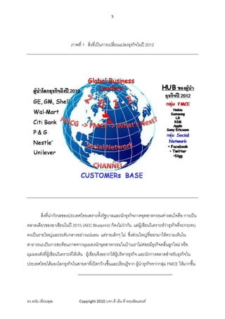 5 
 




                          ภาพที่ 1 สิ่งที่เปนการเปลียนแปลงธุรกิจในป 2012
                                                     ่




        สิ่งทีนากังวลของประเทศไทยเพราะทังรัฐบาลและนักธุรกิจภาคอุตสาหกรรมตางสนใจคือ การเปน
              ่                          ้
ตลาดเดียวของอาเซียนในป 2015 (AEC Blueprint) ก็คงไมวากัน แตผเขียนวิเคราะหวาธุรกิจที่จะกระทบ
                                                                ู
คงเปนรายใหญและระดับกลางอยางแนนอน แตรายเล็กๆ ไม ซึงสวนใหญที่ออกมาใหความเห็นใน
                                                       ่
สาธารณะเปนการสะทอนภาพจากมุมมองนักอุตสาหกรรมในบานเราไมคอยมีธุรกิจคลื่นลูกใหม หรือ
มุมมองดังที่ผูเขียนวิเคราะหใหเห็น ผูเขียนจึงอยากใหผบริหารธุรกิจ และนักการตลาดสําหรับธุรกิจใน
                                                        ู
ประเทศไทยไดมองโลกธุรกิจในสายตาทีเ่ ปดกวางขึ้นและเรียนรูจาก ผูนาธุรกิจจากกลุม FMCE ใหมากขึ้น
                                                                   ํ




ดร.ดนัย เทียนพุฒ              Copyright 2010 บจก.ดี เอ็น ที คอนซัลแตนท
 