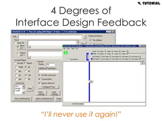 4. Tutorial

        4 Degrees of
Interface Design Feedback




    “I’ll never use it again!”
 