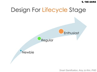 5. The Game


Design For Lifecycle Stage


                          Enthusiast

            Regular


   Newbie




                      Smart Gamification, Amy Jo Kim, PHD
 