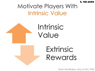 5. The Game

Motivate Players With
   Intrinsic Value

       Intrinsic
       Value
         Extrinsic
         Rewards
              Smart Gamification, Amy Jo Kim, PHD
 