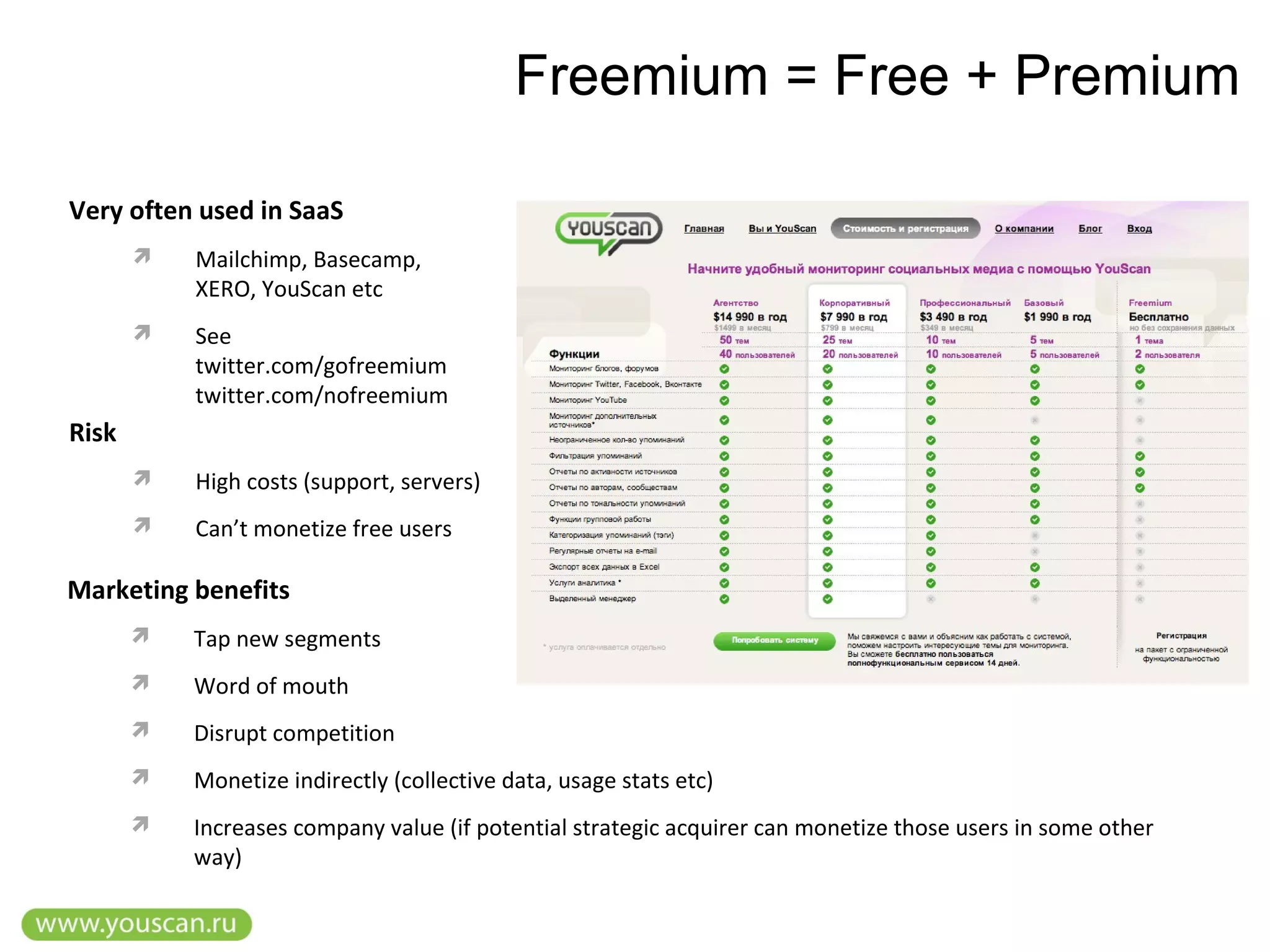 Very often used in SaaS
 Mailchimp, Basecamp,
XERO, YouScan etc
 See
twitter.com/gofreemium
twitter.com/nofreemium
Freemium = Free + Premium
Risk
 High costs (support, servers)
 Can’t monetize free users
Marketing benefits
 Tap new segments
 Word of mouth
 Disrupt competition
 Monetize indirectly (collective data, usage stats etc)
 Increases company value (if potential strategic acquirer can monetize those users in some other
way)
 