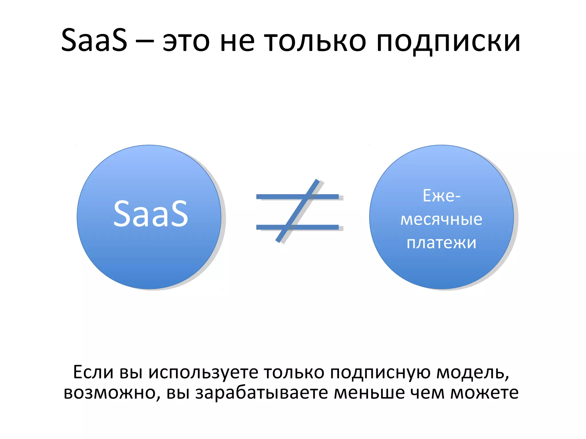SaaS – это не только подписки
SaaSSaaS
Еже-
месячные
платежи
Еже-
месячные
платежи
Если вы используете только подписную модель,
возможно, вы зарабатываете меньше чем можете
 
