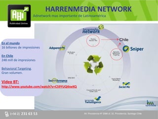 HARRENMEDIA NETWORK
                        Adnetwork mas importante de Latinoamérica




                                                                                        Chile
En el mundo
16 billones de impresiones

En Chile
248 mill de impresiones

Behavioral Targeting.
Gran volumen.

Video BT:
http://www.youtube.com/watch?v=C59YUQtkwKQ




                                                    AV. Providencia Nº 2088 of. 32, Providencia. Santiago Chile
 