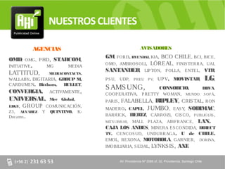 NUESTROS CLIENTES

          AGENCIAS                                       AVISADORES
                                 GM, FORD, HYUNDAI, KIA, BCO CHILE , BCI, BICE,
OMD,    OMG, P HD, STARCOM,
                                 OMO, AMBROS OLI, LÓREAL, FINIS TERRA, UAI,
INITIATIVE ,    MG     MEDIA
                                 SANTANDER, LIP TON, P OLLA, ENTEL, VTR,
LATTITUD,       MEDIACONTACTS,
WALLABY, DIGITARIA, GROUP M,     P S U, UDP, P REU P V, UP V, MOVISTAR,                                  LG,
CARDUMEN, Dittborn,  BULLET,
CONVERGIA,      ACTIVAMENTE ,
                                 S AMS UNG,                            CONSORCIO,
                                                                    BBVA,
                                 COOP ERATIVA, P RETTY WOMAN, MUNDO S OFÁ,
UNIVERSAL,      Mec Global,           FALABELLA, RIPLEY, CRIS TAL, RON
                                 PARIS ,
EDGY,   GROUP  COMUNICACIÓN,
                                 MADERO, CAPEL, J UMBO , EAS Y, SODIMAC,
Z3, ALVAREZ   Y QUINTINO, K-
Dre a ms .                       BARRICK, HER , CARROZI, CIS CO, P UBLIGUIS ,
                                             TZ
                                           MALL P LAZA, AIRFRANCE, LAN,
                                 MITS UBIS HI,
                                 CAJA LOS ANDES, MINERA ES CONDIDA, DIRECT
                                 TV, CENCOS UD, UNDURRAGA, U de CHILE,
                                 EMOL, REXONA, MOTOROLA, GARNIER, DORINA,
                                 IMOBILIARIA, S EDAL,            LYNKS IS , AXE

                                           AV. Providencia Nº 2088 of. 32, Providencia. Santiago Chile
 