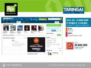 MÁS DE 6.000.000
                              UNIQUE USERS
                              ENTRAN A TARINGA! POR MES

                                 84%
                                 Alcance
                                 80%
                                 Ingresa todos los días




                                            Más de

                                            50.800.000
                                            Páginas vistas
                                            (por mes en Chile)




AV. Providencia Nº 2088 of. of. 32, Providencia. Santiago Chile
AV. Providencia Nº 2088 32, Providencia. Santiago Chile
 
