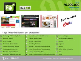 Más de

                                                                                    70.000.000
                   Red AHÍ                                                                     Páginas vistas
                                                                                                    (por mes en Chile)




                                                                                           s
                                                                                      sitio
                                                                                 d de
                                                                               Re
                                                                                      ilenos
                                                                                    Ch
+ 250 sitios clasificados por categorías:




                                            AV. Providencia Nº 2088 of. 32, Providencia. Santiago Chile
 