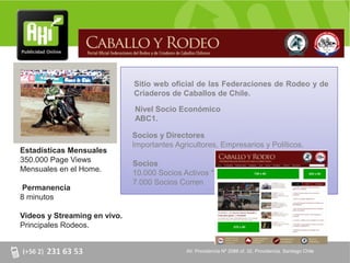 Sitio web oficial de las Federaciones de Rodeo y de
                              Criaderos de Caballos de Chile.

                              Nivel Socio Económico
                              ABC1.

                              Socios y Directores
                              Importantes Agricultores, Empresarios y Políticos.
Estadísticas Mensuales
350.000 Page Views            Socios
Mensuales en el Home.         10.000 Socios Activos *
                              7.000 Socios Corren
Permanencia
8 minutos

Videos y Streaming en vivo.
Principales Rodeos.


                                             AV. Providencia Nº 2088 of. 32, Providencia. Santiago Chile
 