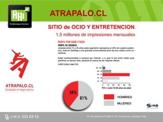 ATRAPALO.CL
SITIO de OCIO Y ENTRETENCION.
  1,5 millones de impresiones mensuales




                AV. Providencia Nº 2088 of. 32, Providencia. Santiago Chile
 
