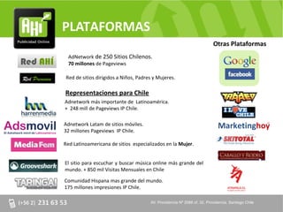 PLATAFORMAS
                                                                                       Otras Plataformas
                AdNetwork de 250 Sitios Chilenos.
Red AHÍ         70 millones de Pageviews

Red Premium   Red de sitios dirigidos a Niños, Padres y Mujeres.

              Representaciones para Chile
              Adnetwork más importante de Latinoamérica.
              + 248 mill de Pageviews IP Chile.

              Adnetwork Latam de sitios móviles.
              32 millones Pageviews IP Chile.

              Red Latinoamericana de sitios especializados en la Mujer.


              El sitio para escuchar y buscar música online más grande del
              mundo. + 850 mil Visitas Mensuales en Chile

              Comunidad Hispana mas grande del mundo.
              175 millones impresiones IP Chile.

                                                    AV. Providencia Nº 2088 of. 32, Providencia. Santiago Chile
 