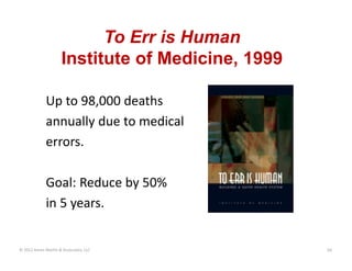 Up to 98,000 deaths
annually due to medical
errors.
Goal: Reduce by 50% 
in 5 years.
To Err is Human
Institute of Medicine...