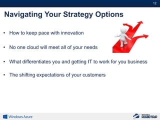 12#


Navigating Your Strategy Options

• How to keep pace with innovation

• No one cloud will meet all of your needs

• What differentiates you and getting IT to work for you business

• The shifting expectations of your customers
 
