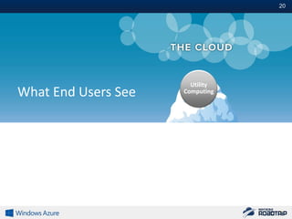 20#




                               Utility
What End Users See           Computing




                          Chargeback/Billing

What IT                Runbook/Process Automation
                     Application Lifecycle Management
                          Workload Management
Management Sees         Configuration Management
                           Application Streaming
                                Automation
                             OS Provisioning
                               Virtualization
                            GRID/HPC/clusters
 